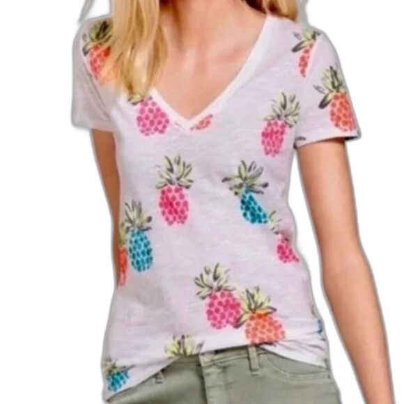 Merona White & Colorful Neon Pineapple Prints V-Neck Womens Top Size Small - Picture 1 of 11